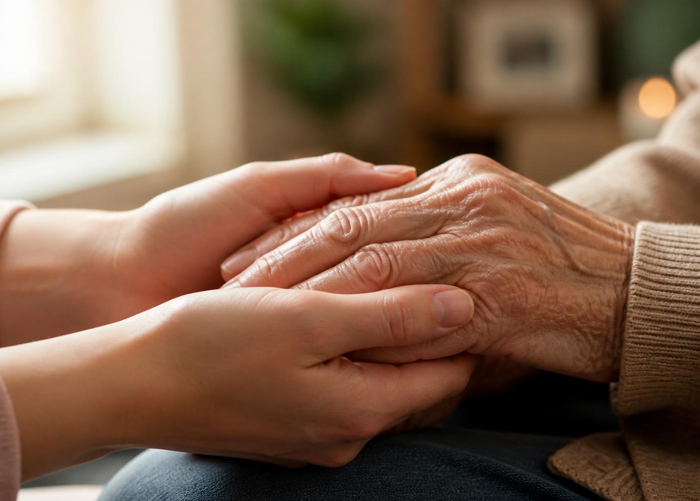 A caregiver holding an older person's hands